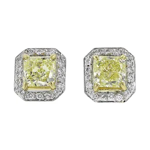 Fancy Yellow Radiant Cut Halo Diamond Stud Earrings