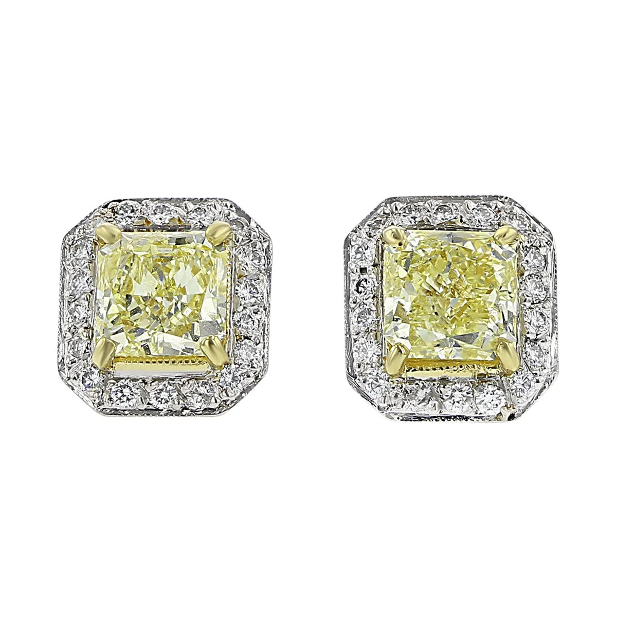 Fancy Yellow Radiant Cut Halo Diamond Stud Earrings