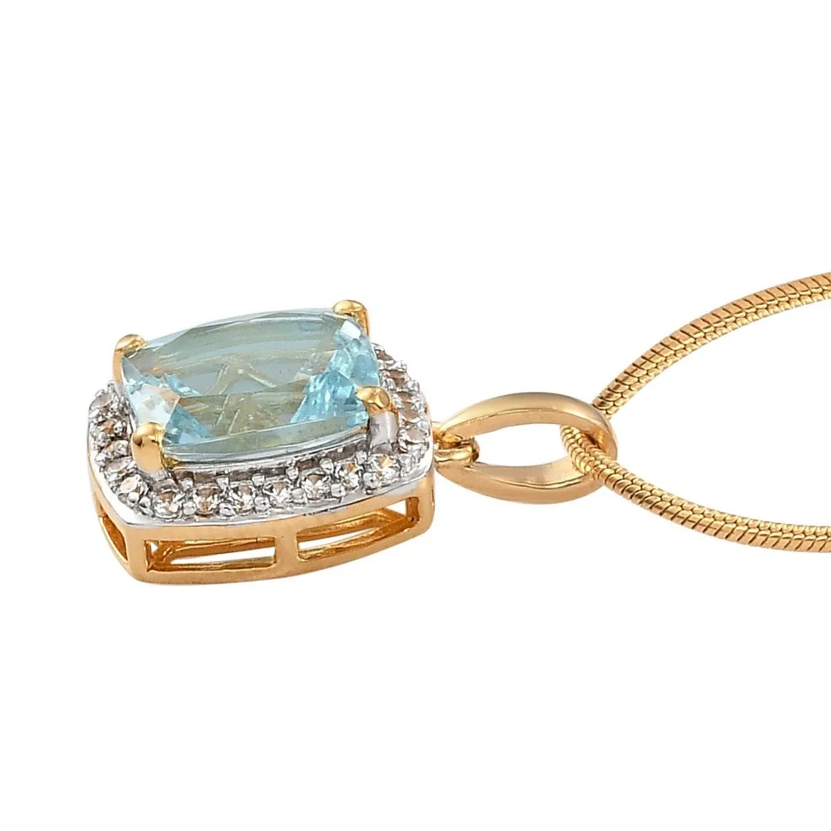 Genuine Aquamarine Halo Pendant, Cushion exotic Gemstone Necklace, 925 Sterling Silver Halo Pendant, Yellow Gold, March Birthstone