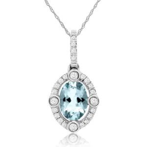 Genuine Blue Oval Aquamarine Diamond Halo Bezel Set Pendant Necklace in White Gold