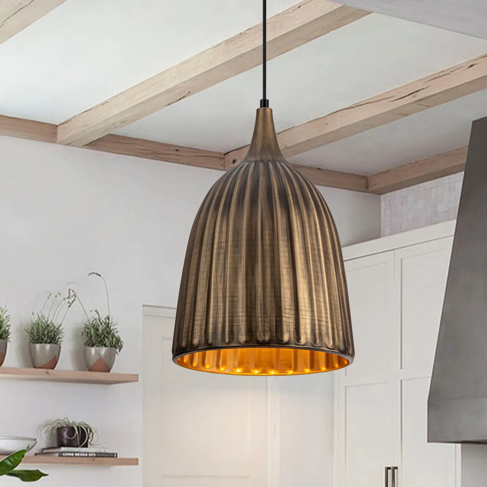 Glowlings 1-Light Industrial Antique Brass Dome Pendant Light for Kitchen Island