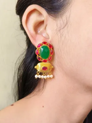 Gold-Plated Earrings with Monalisa & Jade Stones, Hanging Pearls | Sarichka