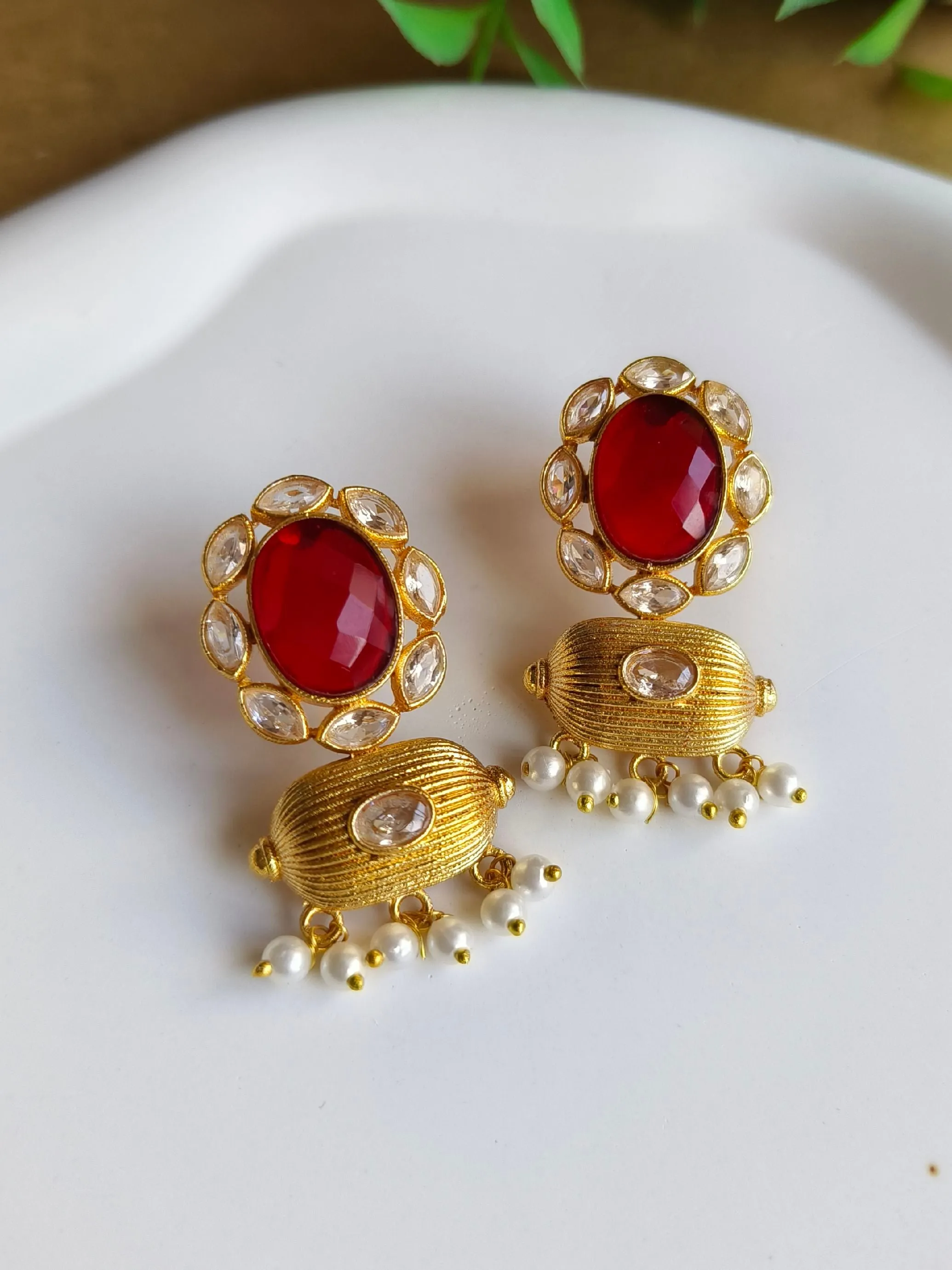 Gold-Plated Earrings with Monalisa & Jade Stones, Hanging Pearls | Sarichka