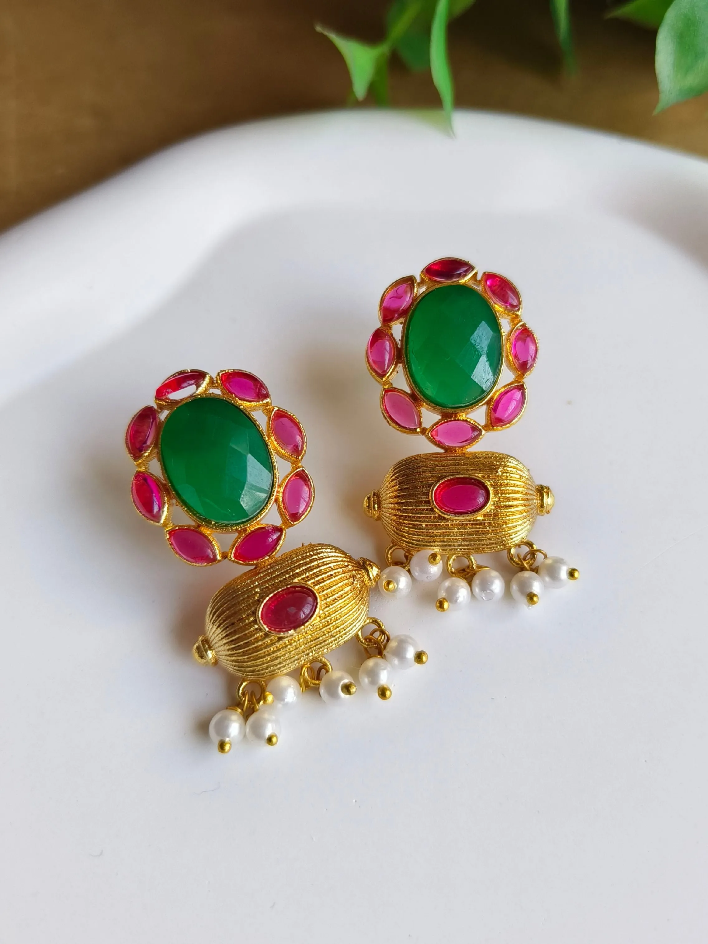 Gold-Plated Earrings with Monalisa & Jade Stones, Hanging Pearls | Sarichka