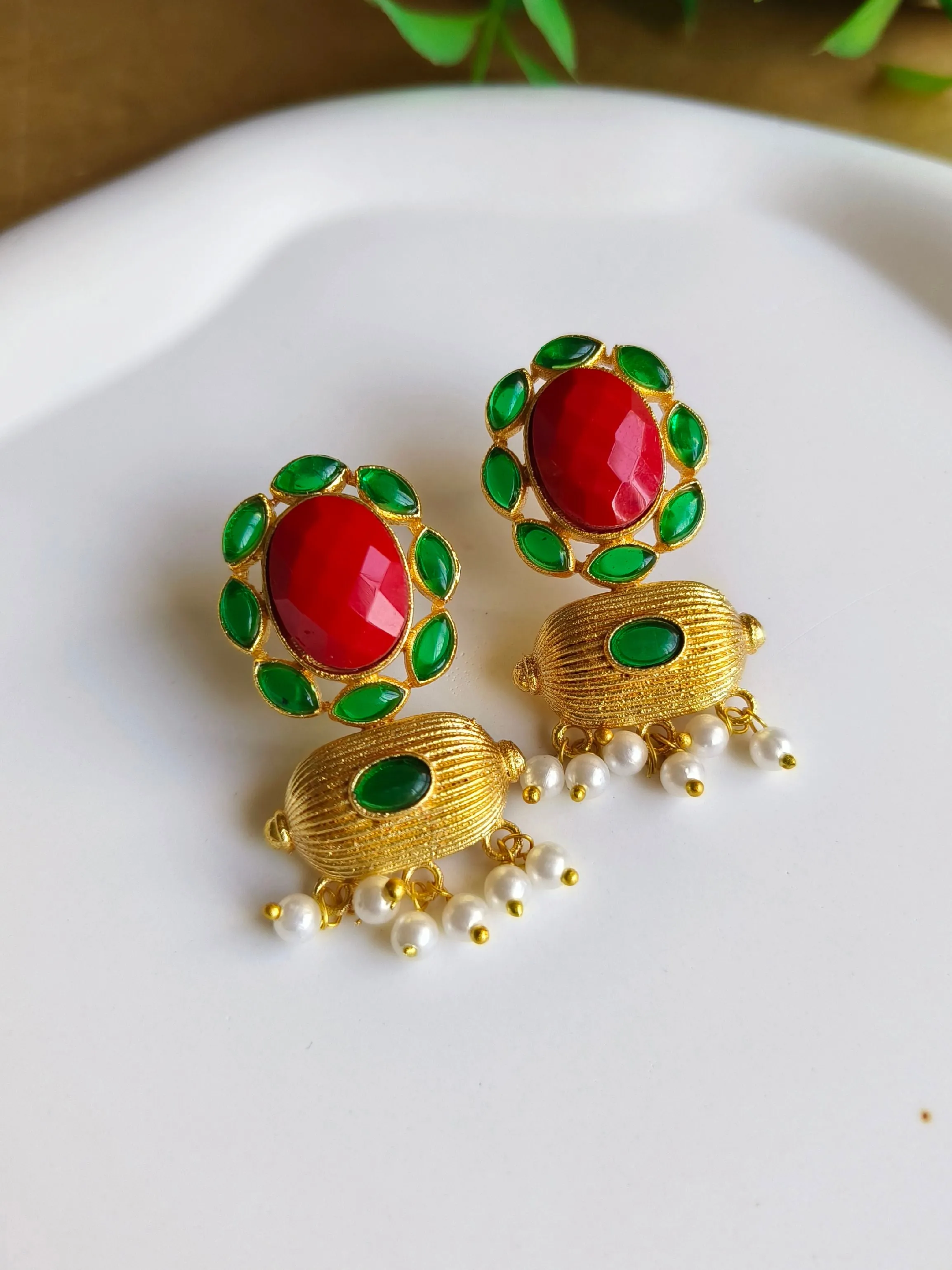 Gold-Plated Earrings with Monalisa & Jade Stones, Hanging Pearls | Sarichka