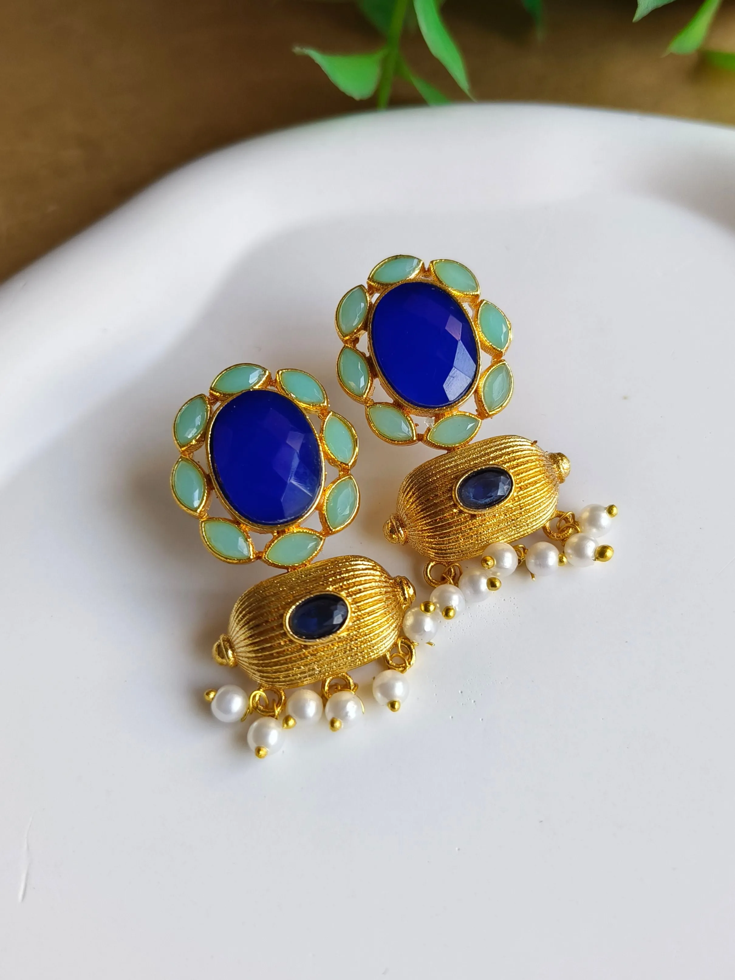 Gold-Plated Earrings with Monalisa & Jade Stones, Hanging Pearls | Sarichka