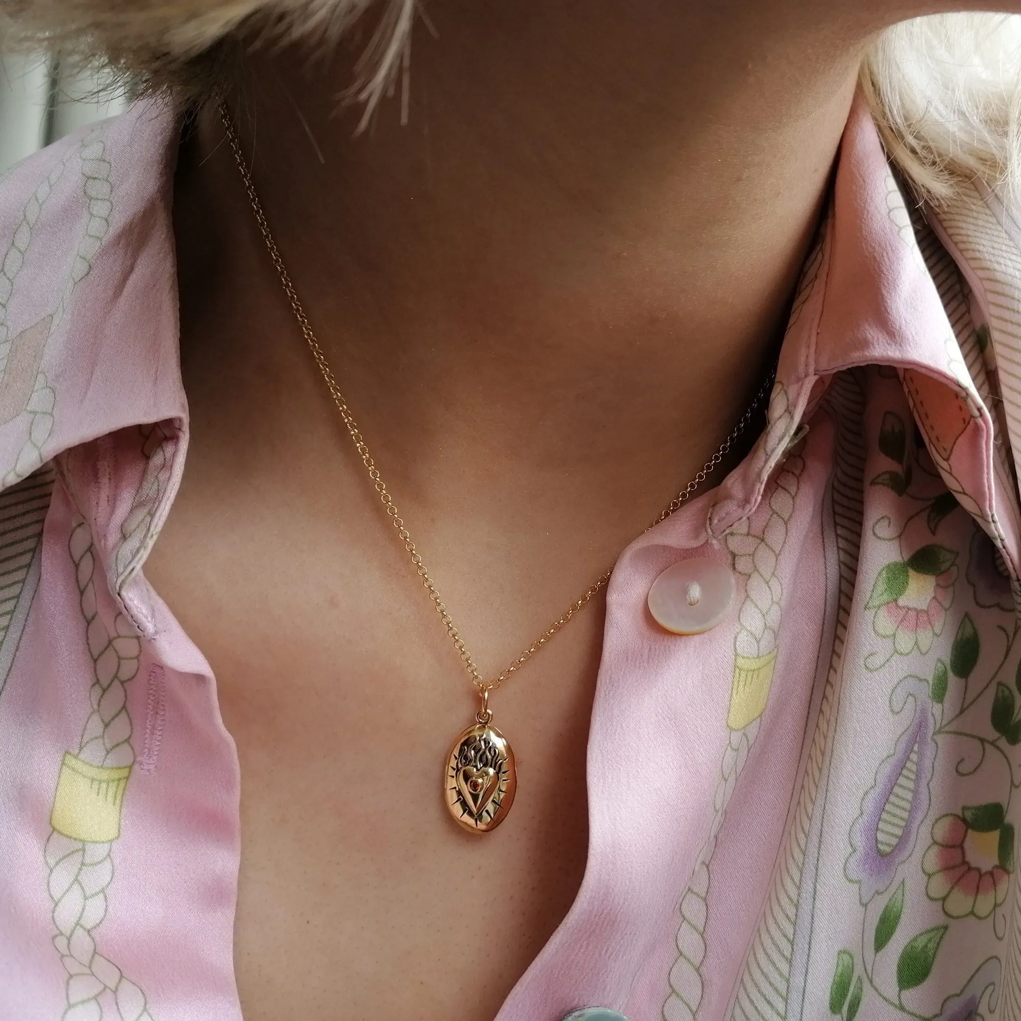 Gold Plated Flaming Heart Locket Necklace