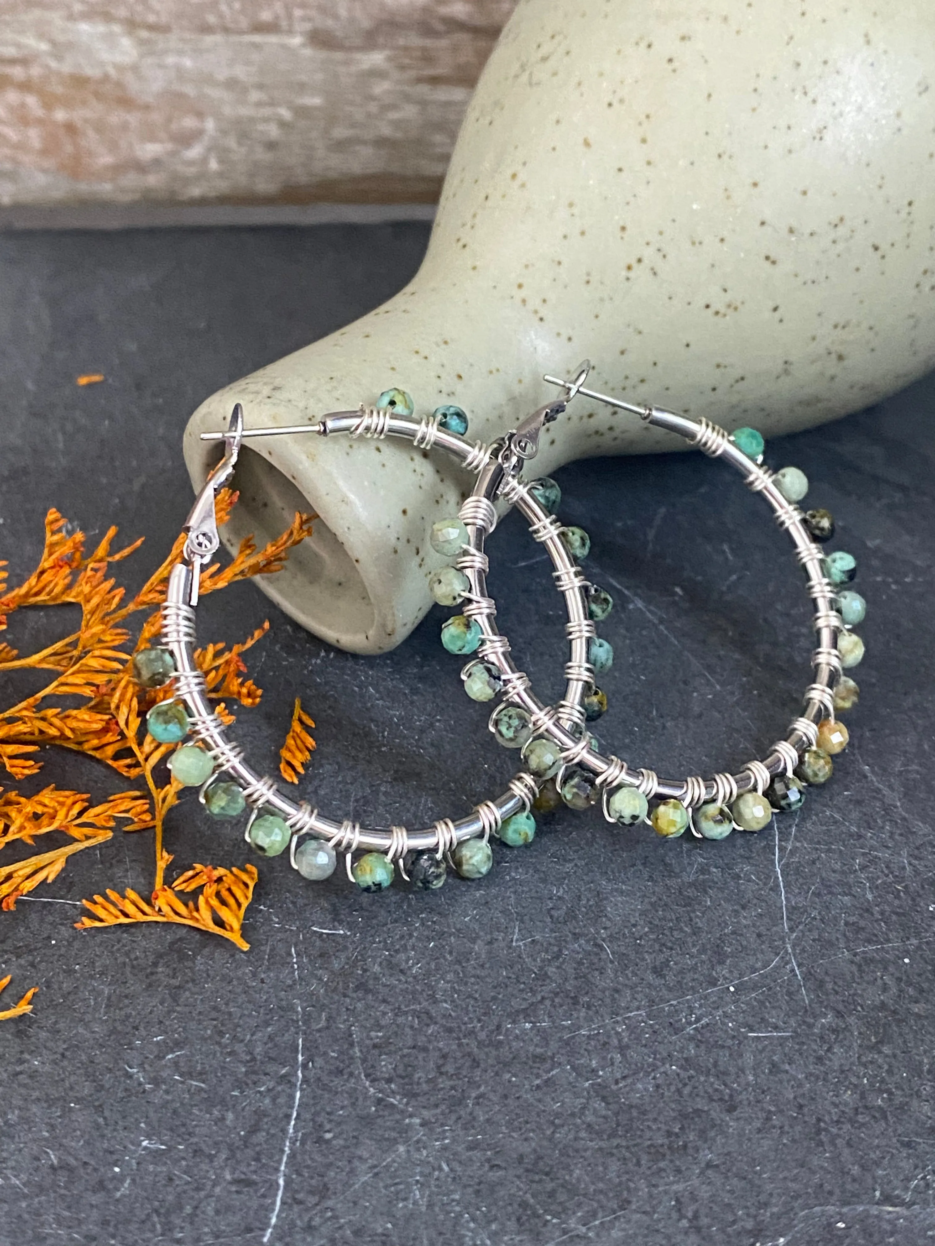 Green turquoise stone, wire wrapped silver hoop earrings, jewelry (Copy)