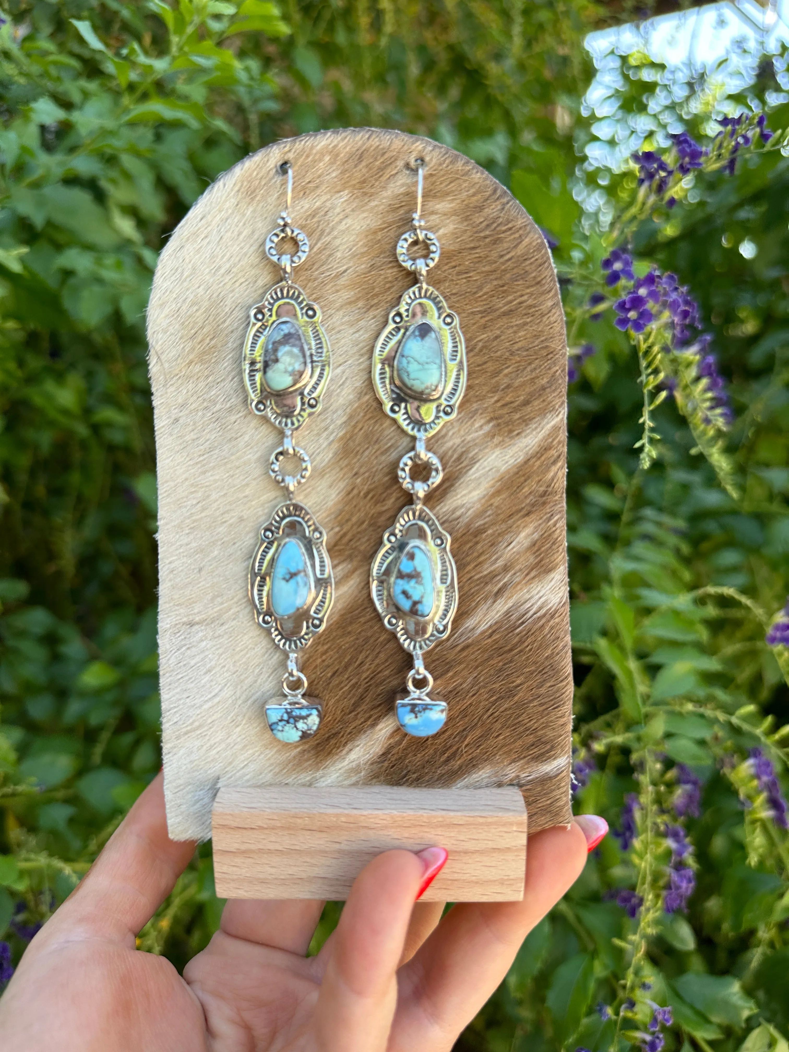 Handmade 3 Stone Golden Hills Turquoise and Sterling Silver Dangle Earrings