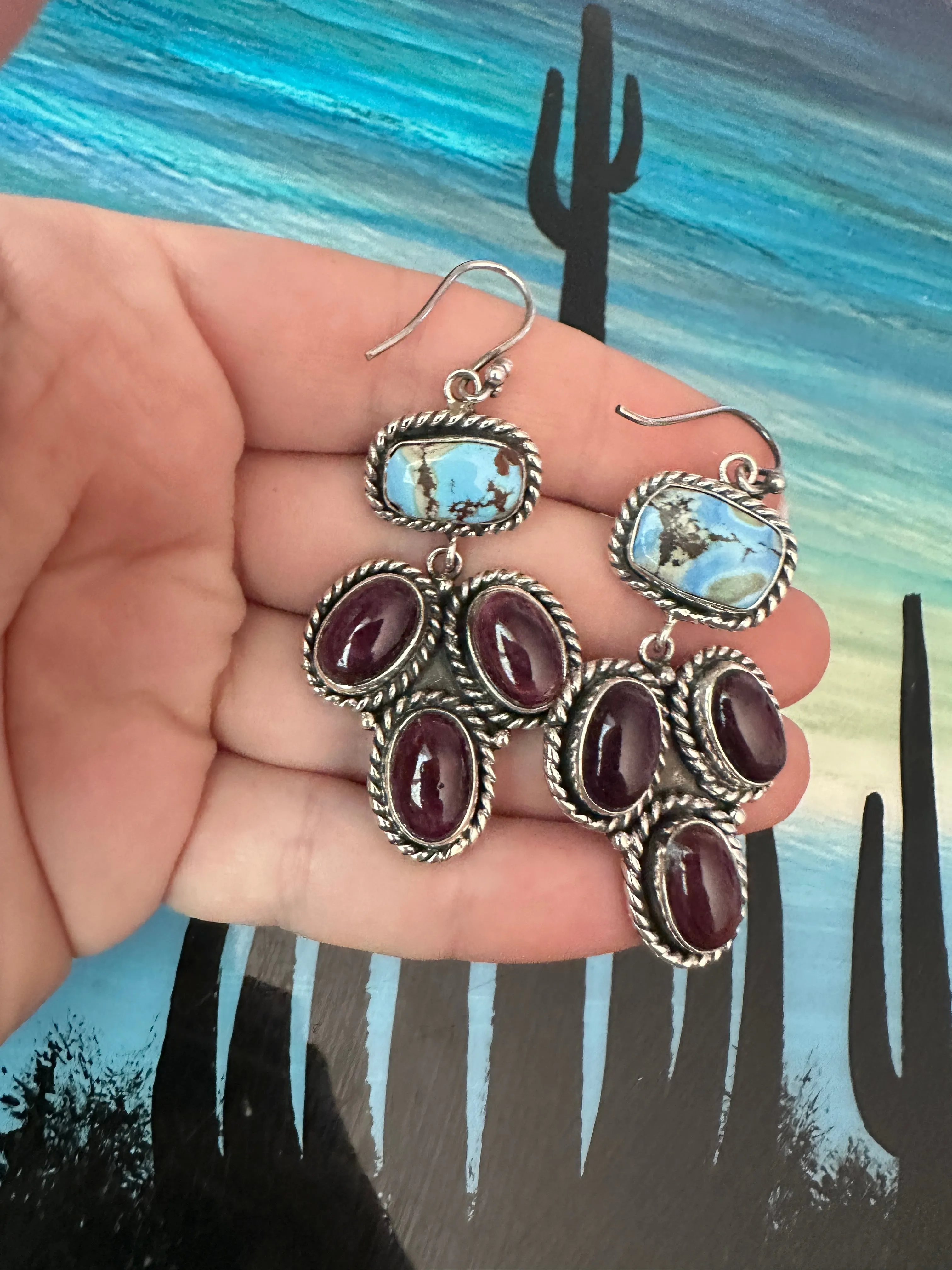 Handmade Golden Hills Turquoise, Purple Spiny & Sterling Silver Dangle Earrings Signed Nizhoni 1