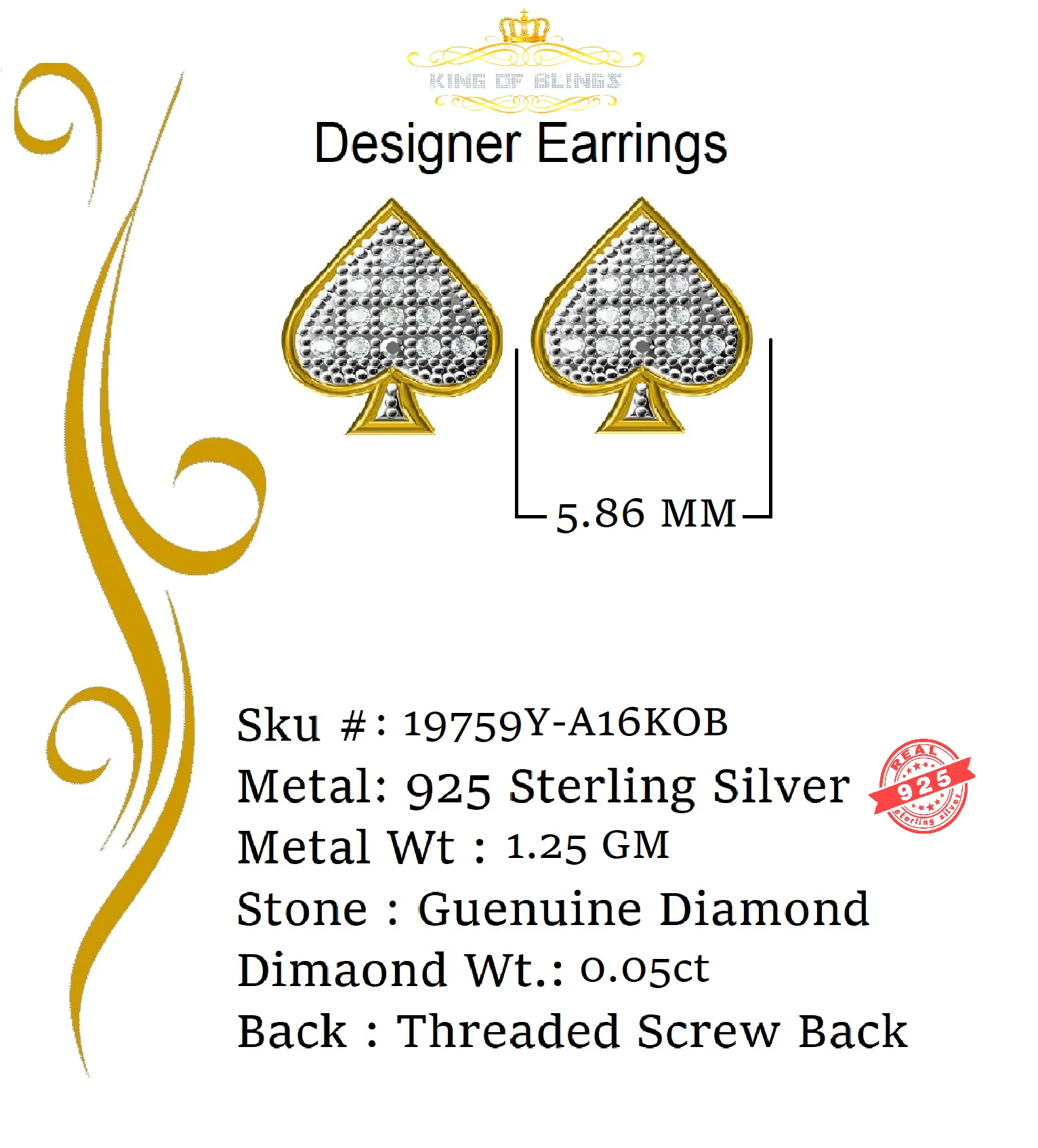 King of Blings-925 Sterling Silver Yellow 0.05ct Diamond For Women's & Men's Stud Heart Earring