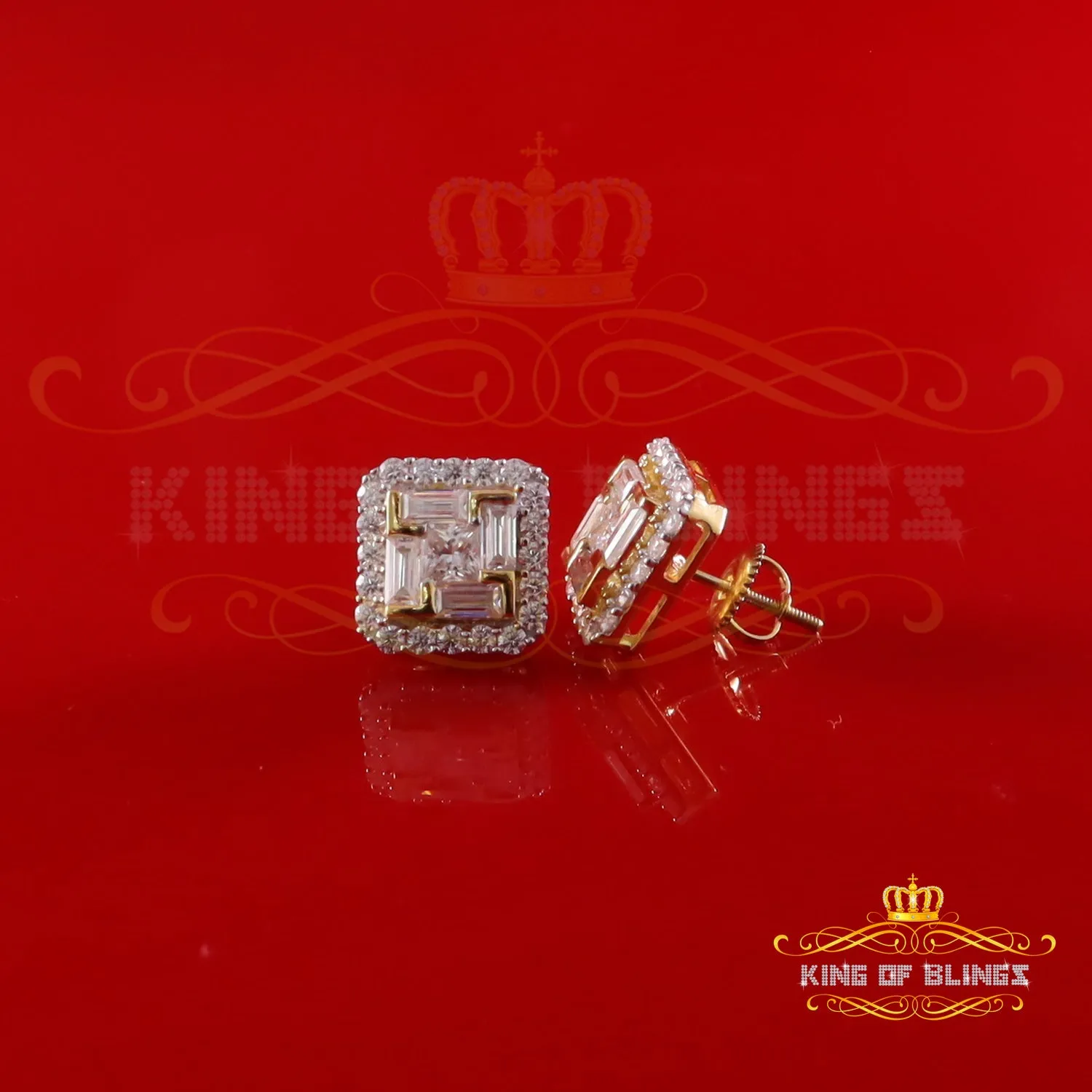 King  of Bling's New Men's Square Yellow Stud 925 Silver 1.66ct VVS 'D' Moissanite Women's Earring