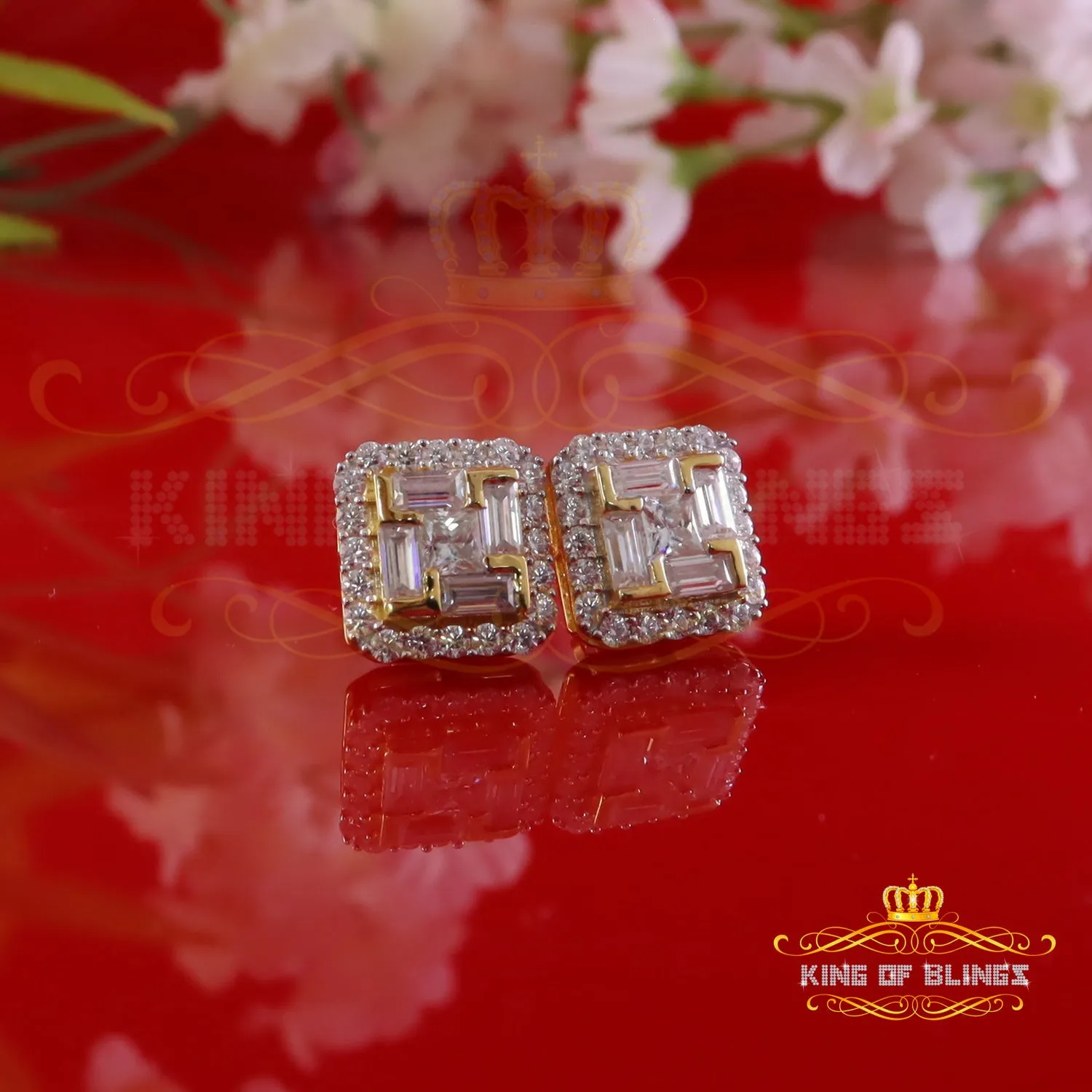 King  of Bling's New Men's Square Yellow Stud 925 Silver 1.66ct VVS 'D' Moissanite Women's Earring