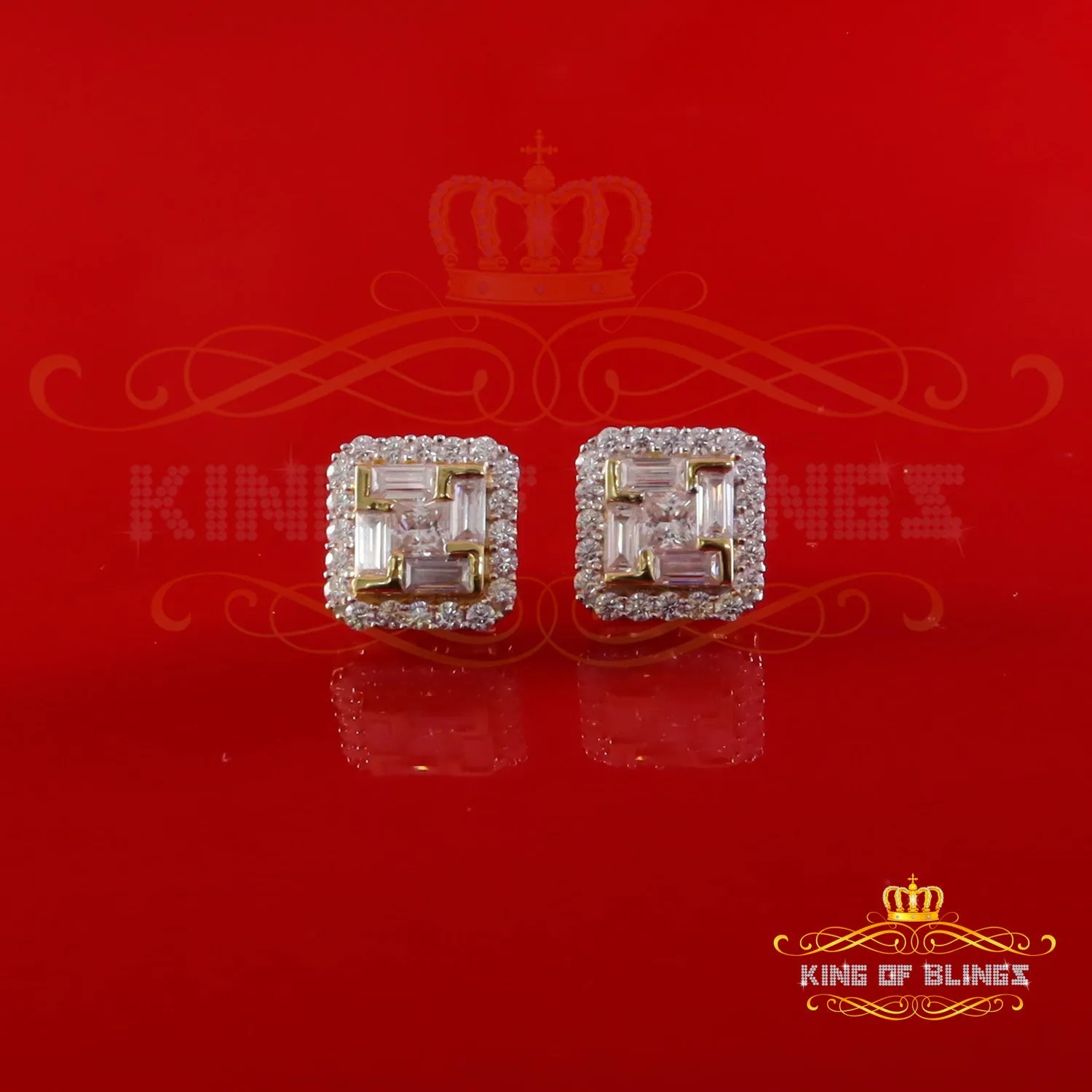 King  of Bling's New Men's Square Yellow Stud 925 Silver 1.66ct VVS 'D' Moissanite Women's Earring