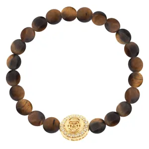 Large Good Luck Disk with White Diamonds on Medium Tiger's Eye Bracelet