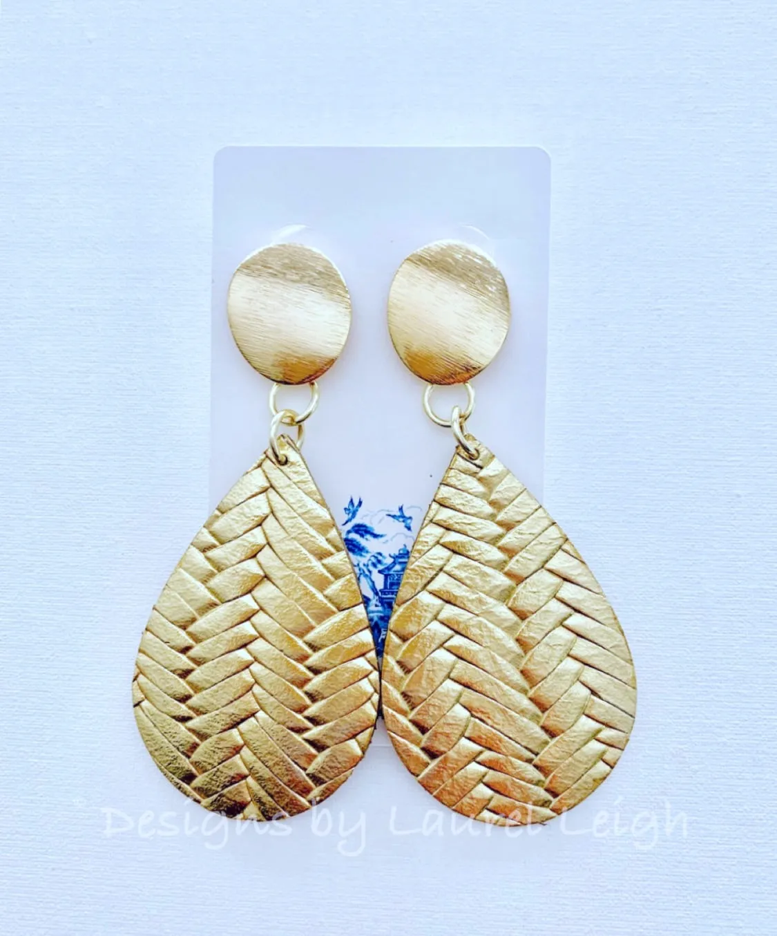 Leather Basketweave Statement Earrings - Gold or Silver