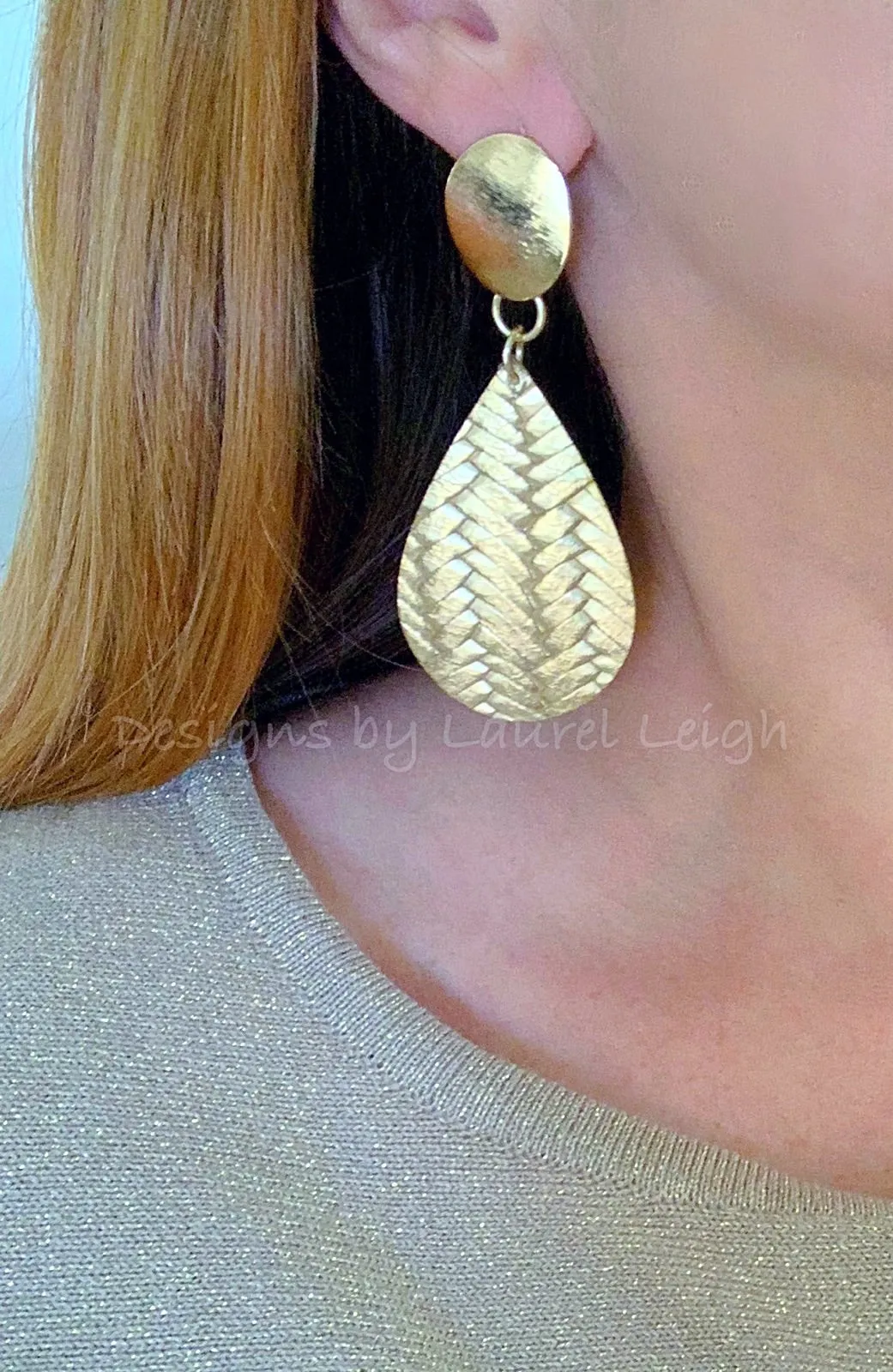 Leather Basketweave Statement Earrings - Gold or Silver