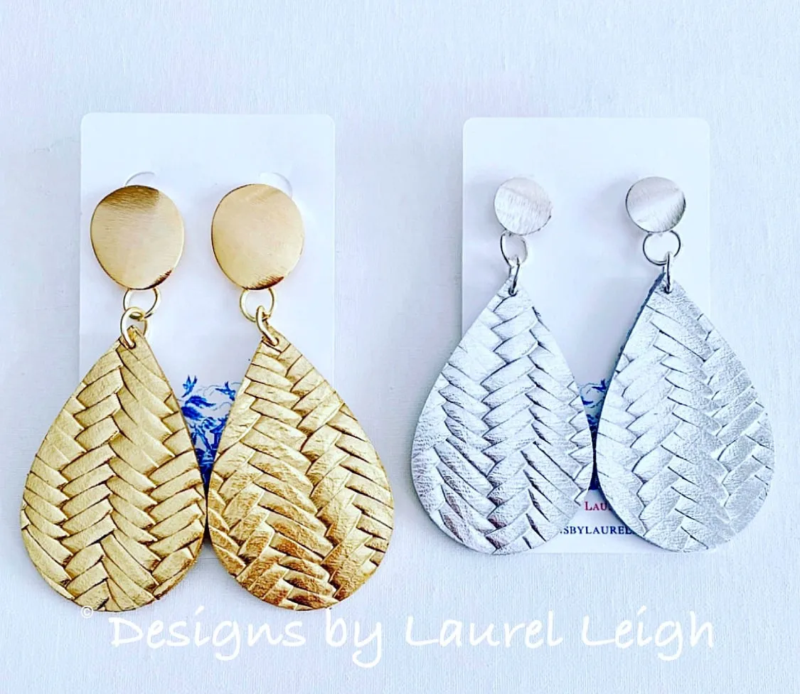 Leather Basketweave Statement Earrings - Gold or Silver