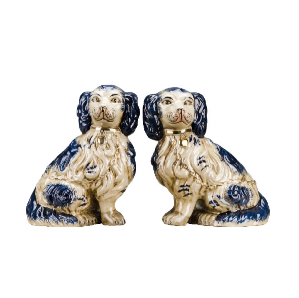 LG Pair Porcelain Blue Spotted Staffordshire Spaniel Dog Figurines King Charles