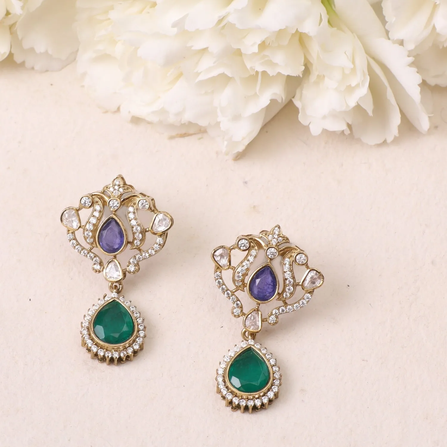 Mahnoor Moissanite and Gemstone Silver Drop Earrings