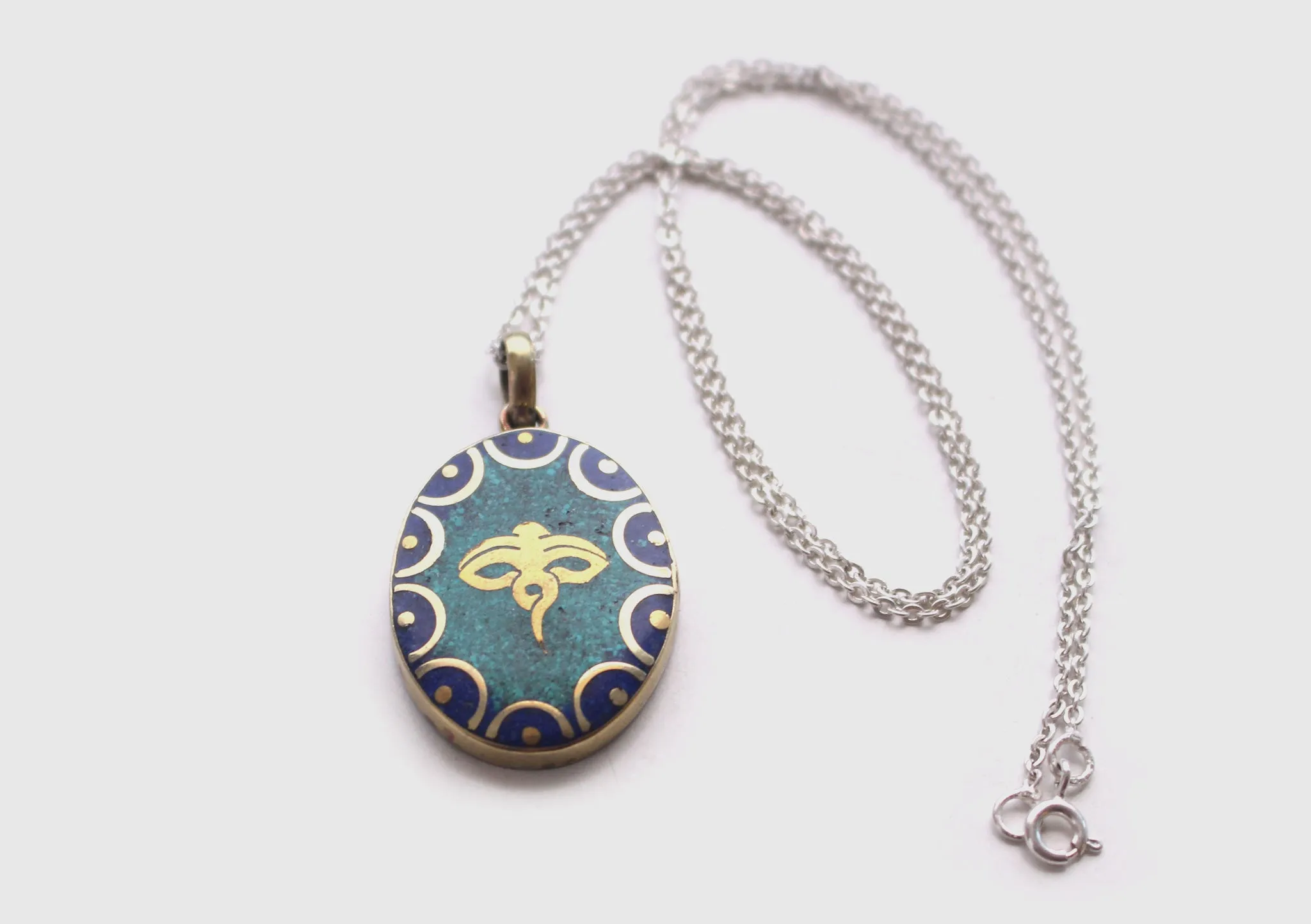 Oval Tibetan Kalachakra, Om and Buddha Eyes Pendant