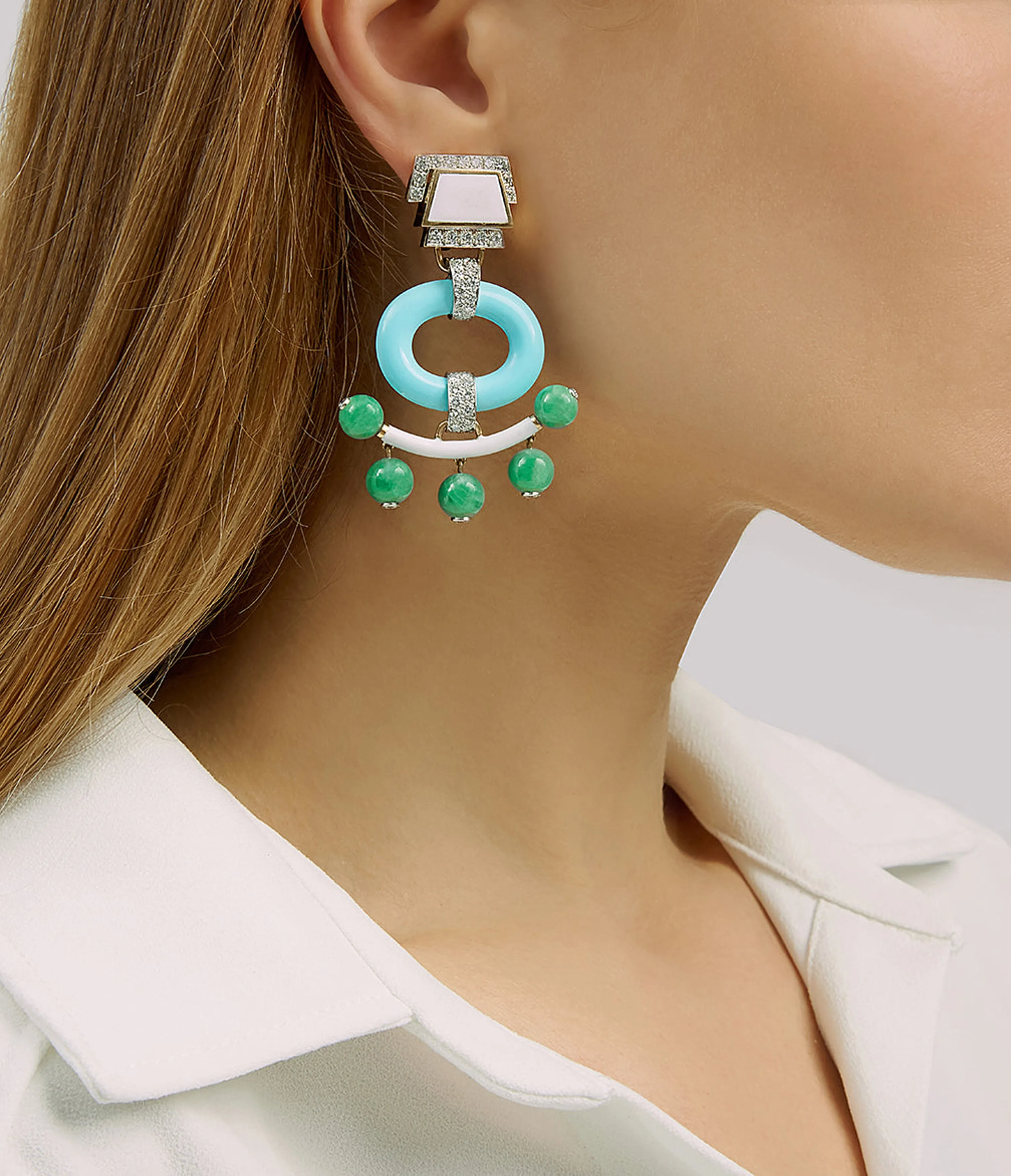 Pagoda Earrings, Turquoise with Jade Beads