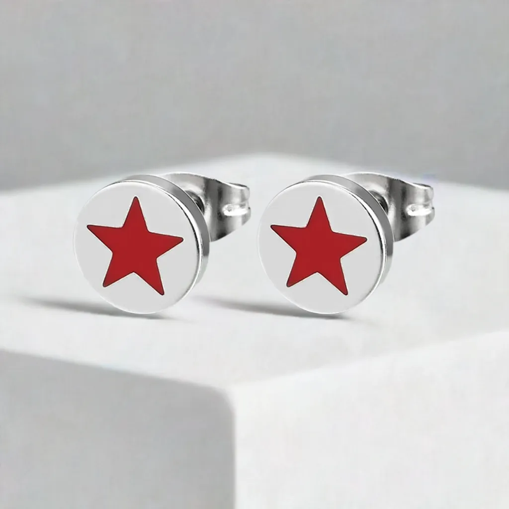 Pair 8MM Stainless Steel Circle Stud Earrings with Star Pentagram in Red Enamel for Man and Women