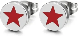 Pair 8MM Stainless Steel Circle Stud Earrings with Star Pentagram in Red Enamel for Man and Women