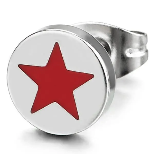 Pair 8MM Stainless Steel Circle Stud Earrings with Star Pentagram in Red Enamel for Man and Women