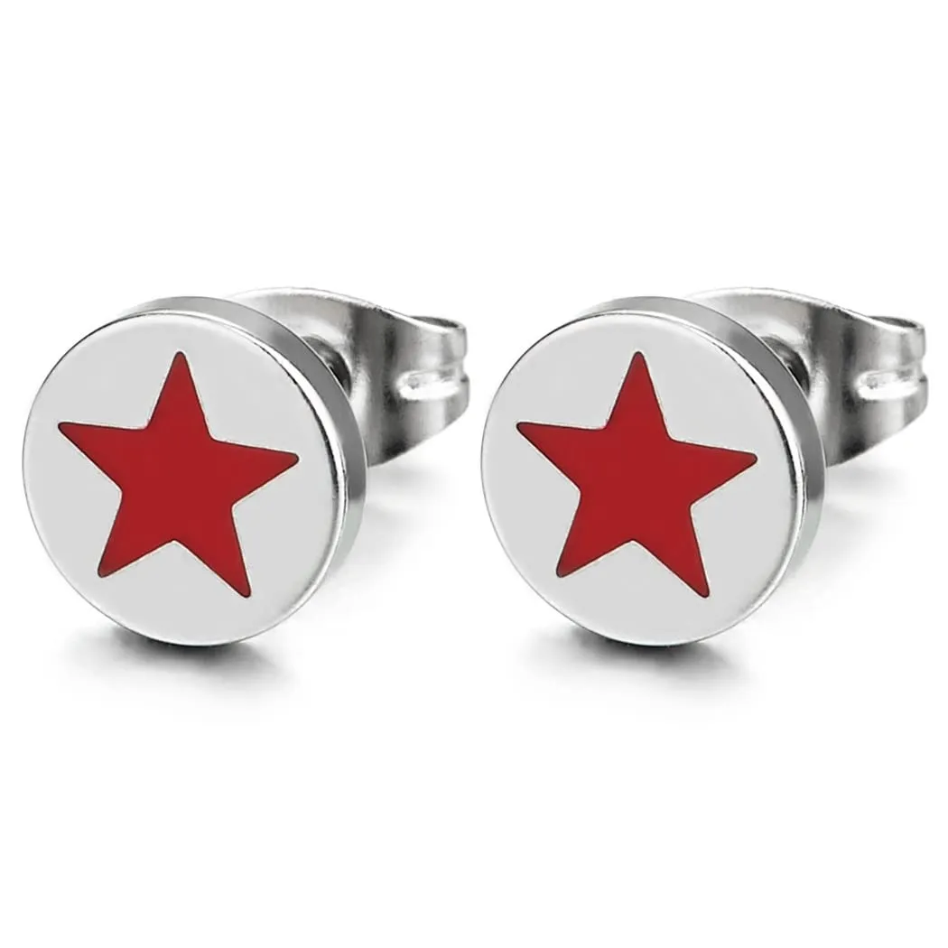 Pair 8MM Stainless Steel Circle Stud Earrings with Star Pentagram in Red Enamel for Man and Women