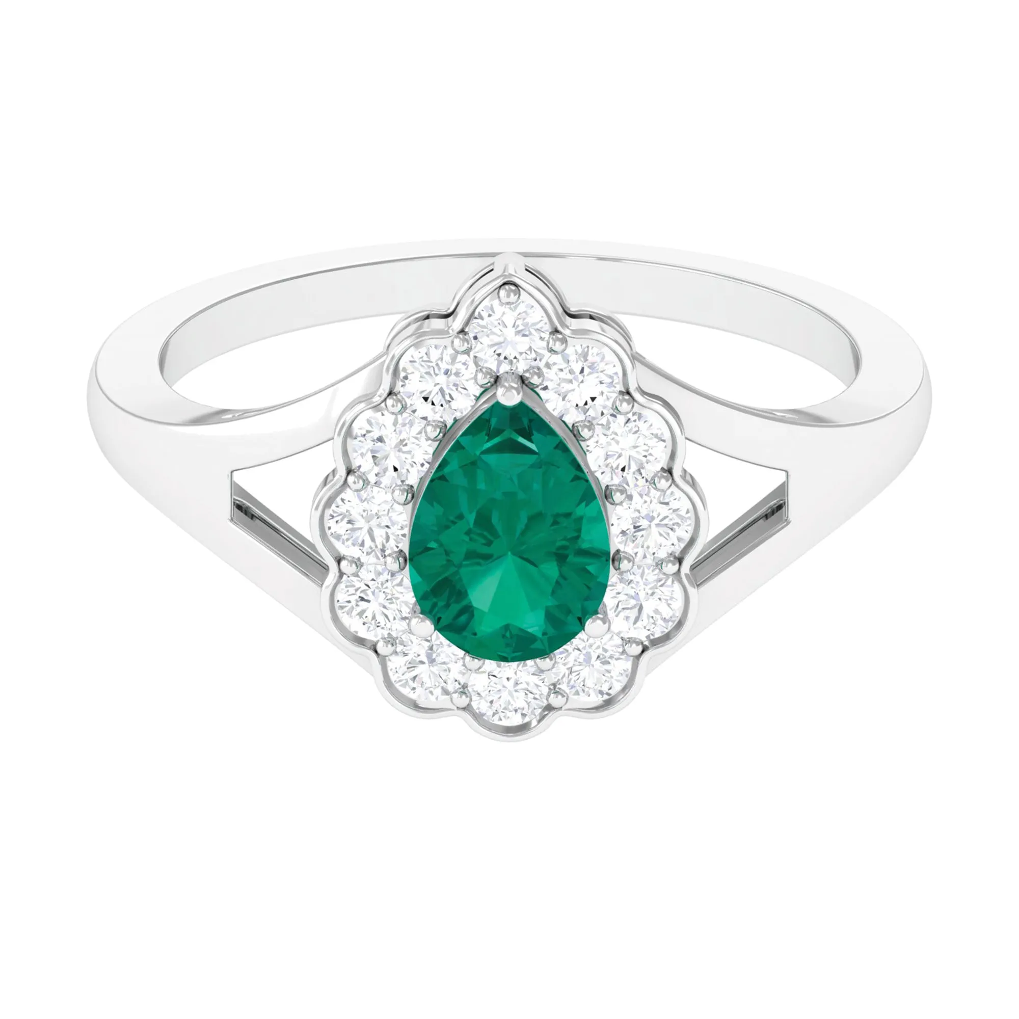 Pear Shaped Emerald Halo Engagement Ring with Diamond in Split Shank