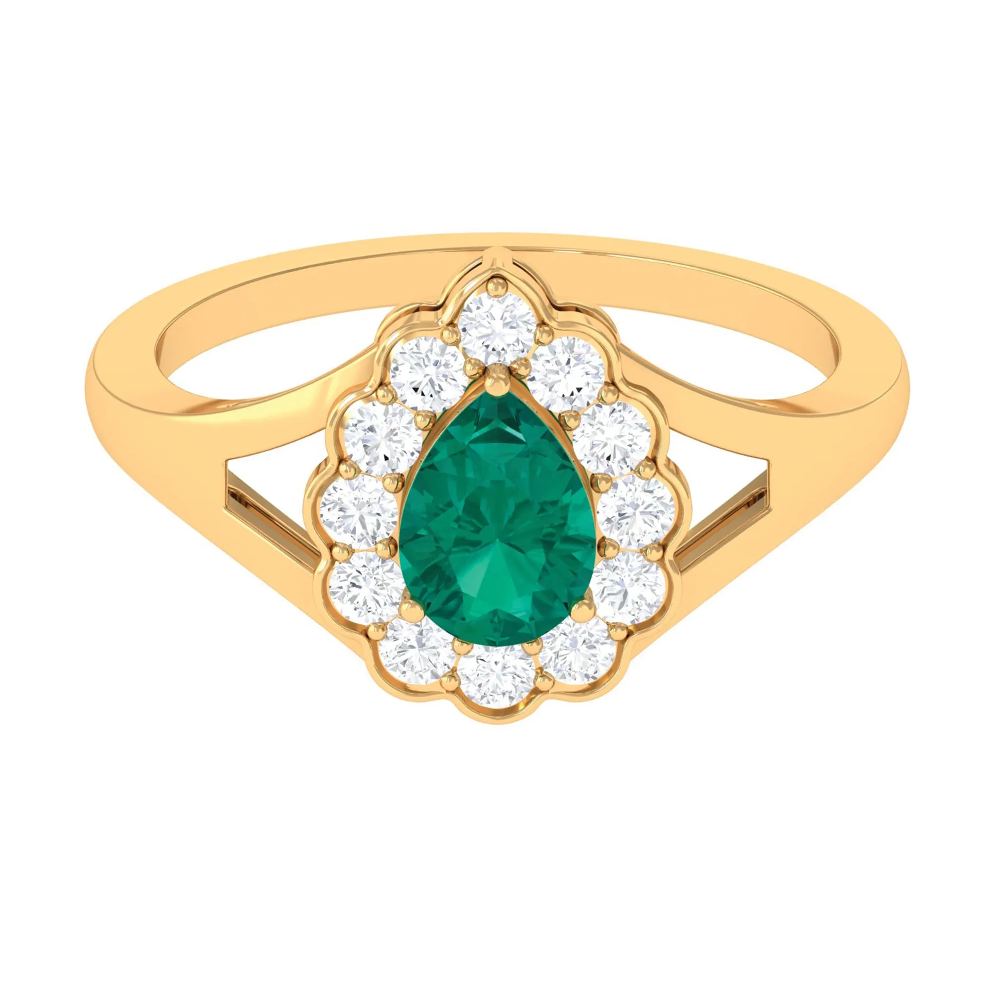 Pear Shaped Emerald Halo Engagement Ring with Diamond in Split Shank