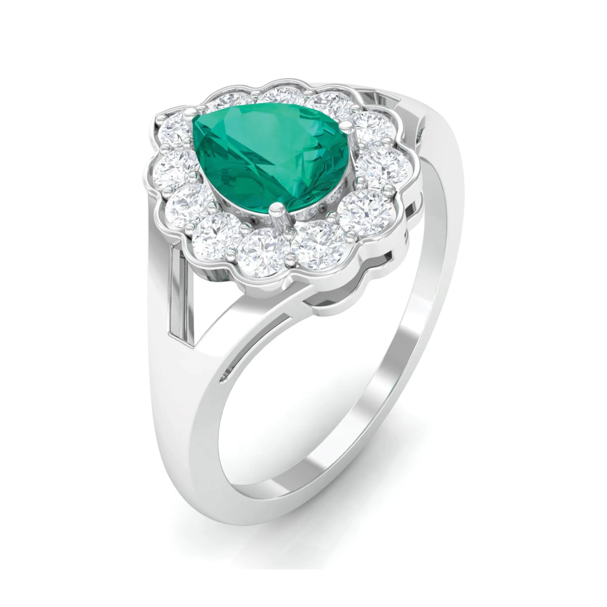 Pear Shaped Emerald Halo Engagement Ring with Diamond in Split Shank