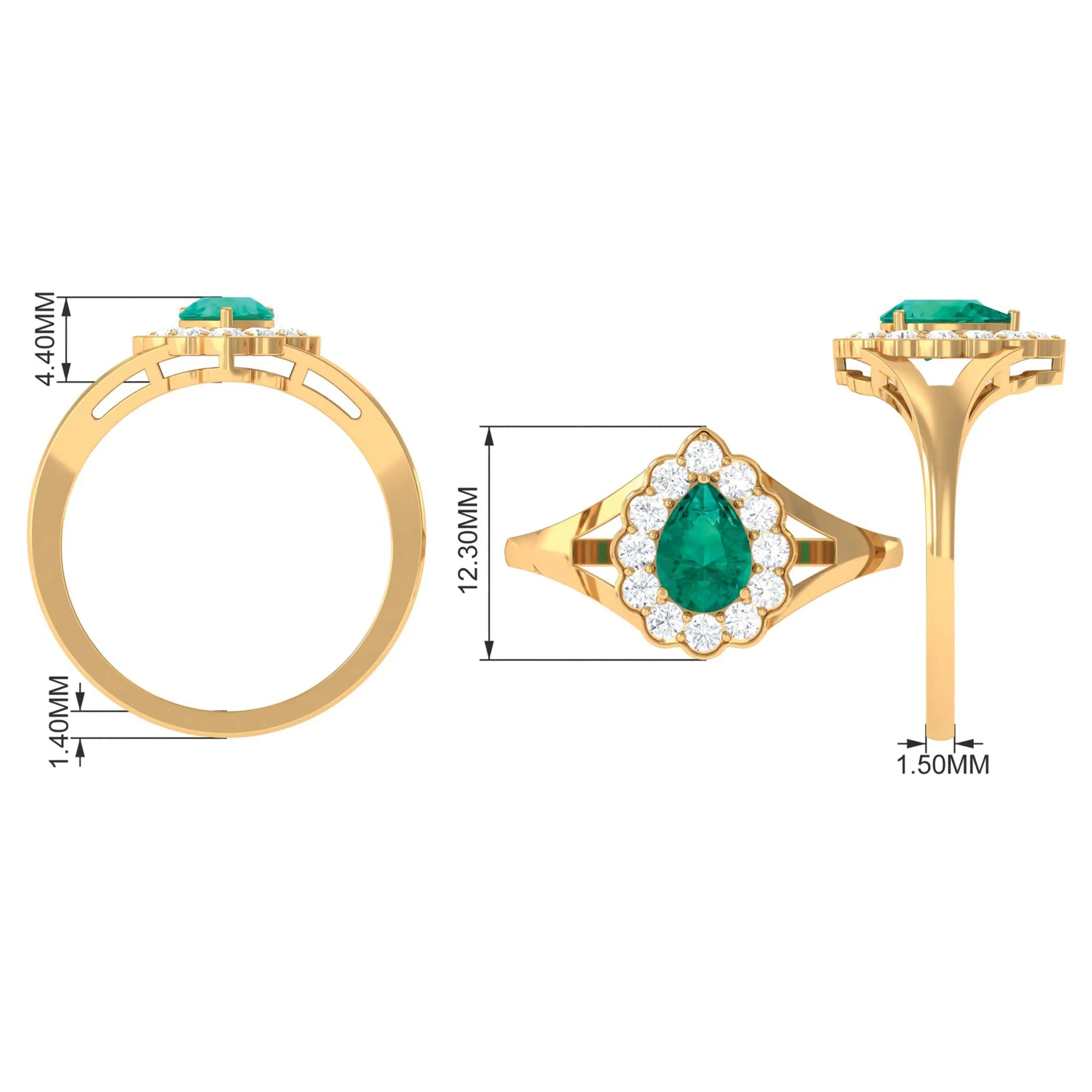 Pear Shaped Emerald Halo Engagement Ring with Diamond in Split Shank