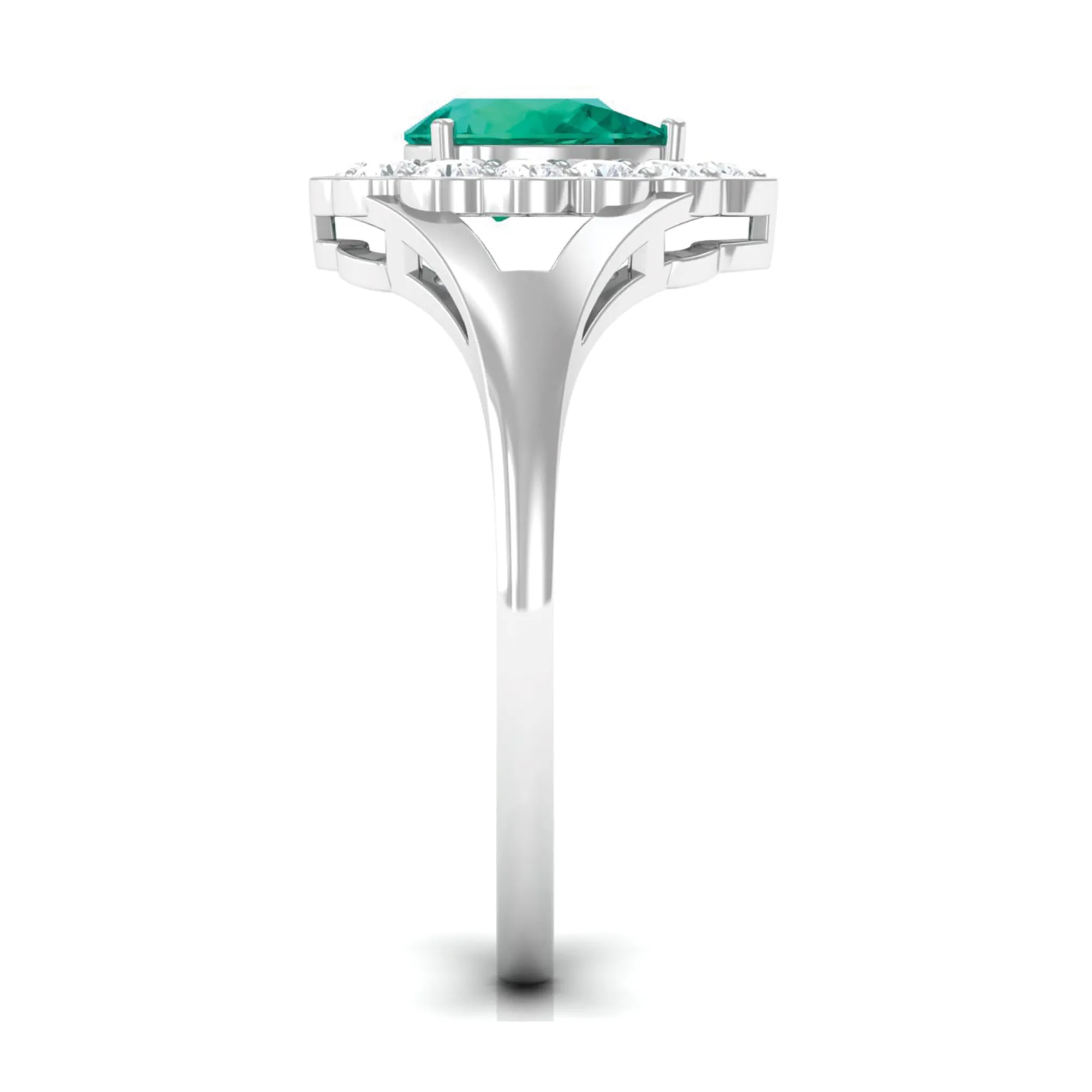 Pear Shaped Emerald Halo Engagement Ring with Diamond in Split Shank