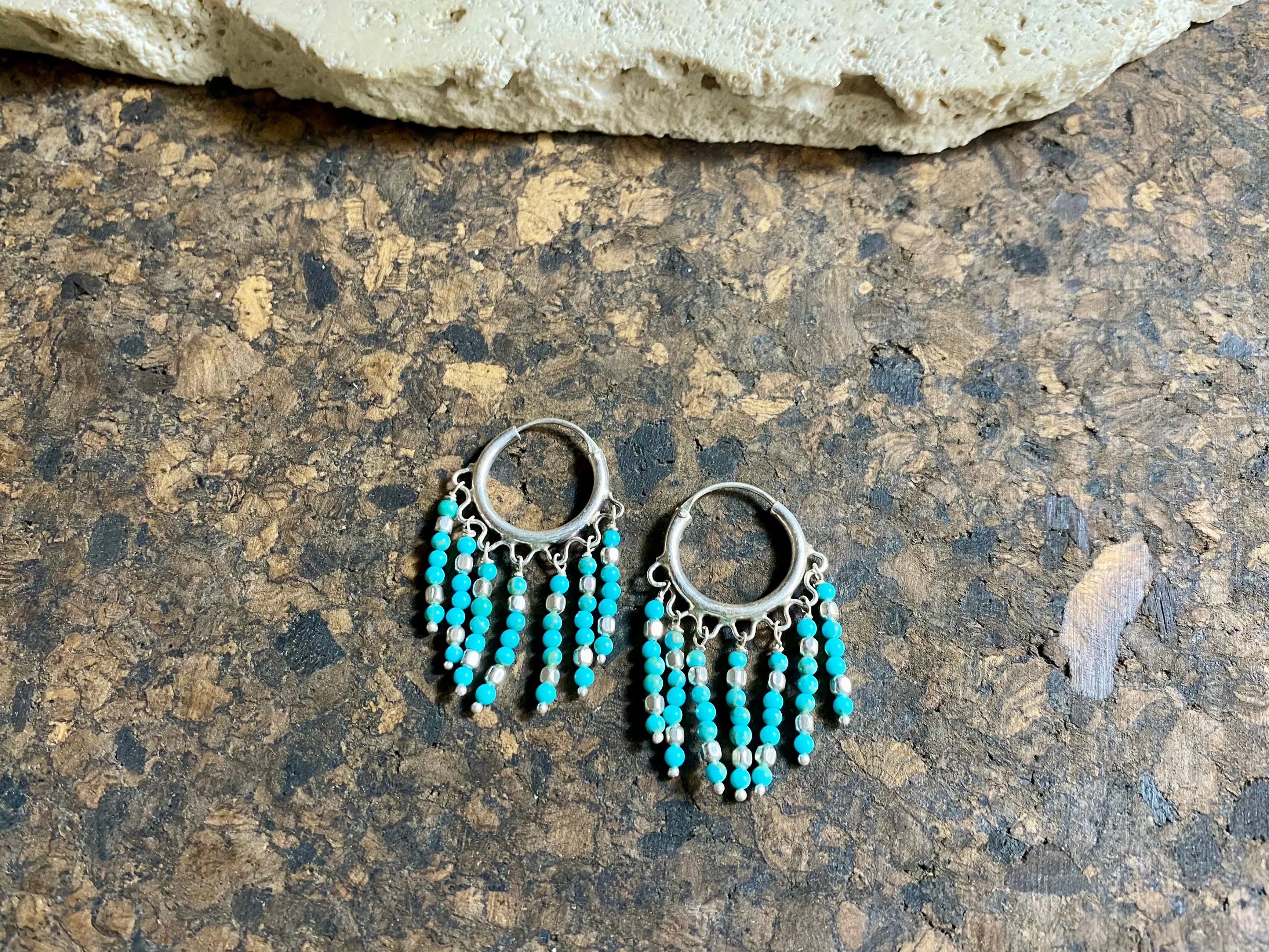 Petite Turquoise Fringe Silver Hoop Earrings