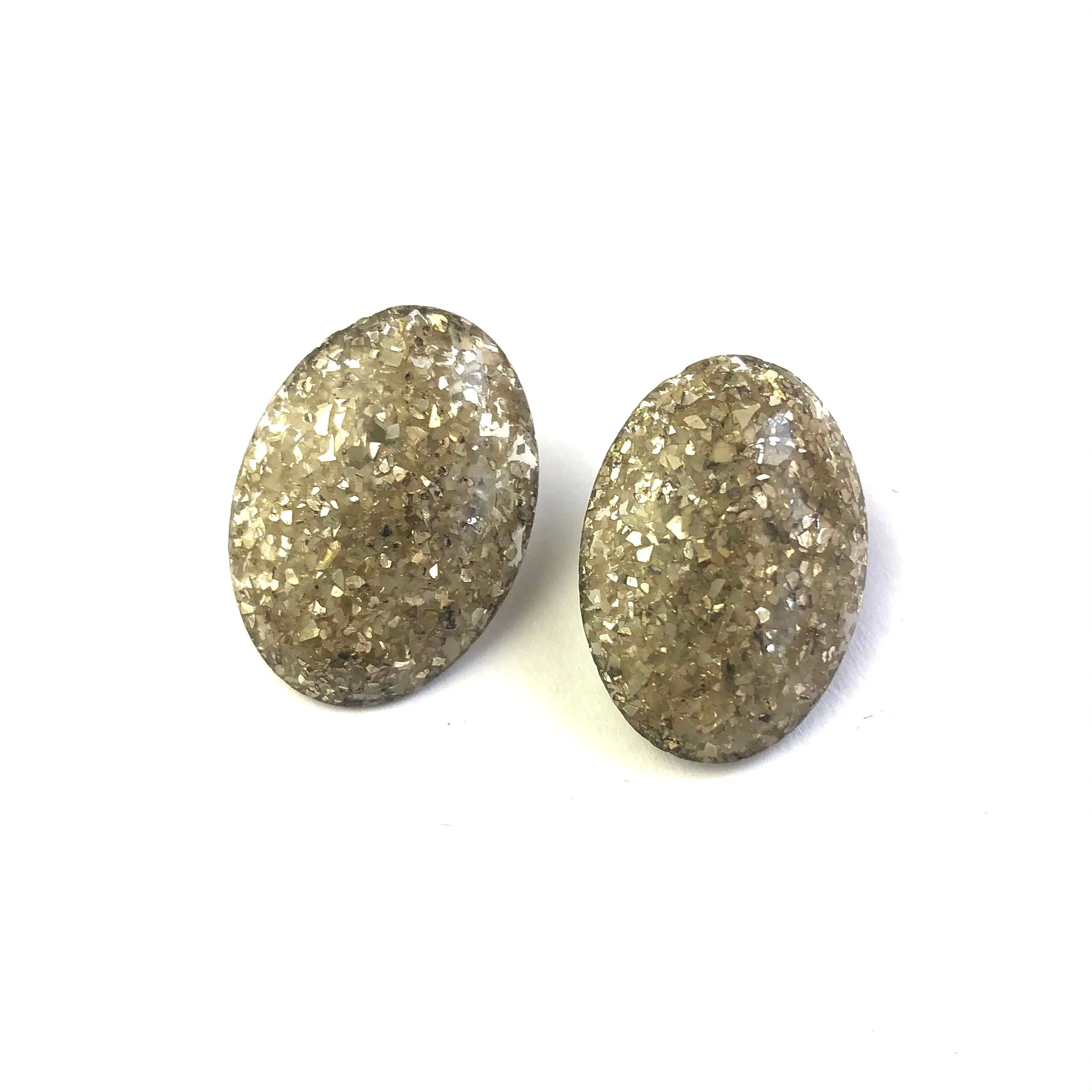 Pewter Silver Glitter Oval Button Studs