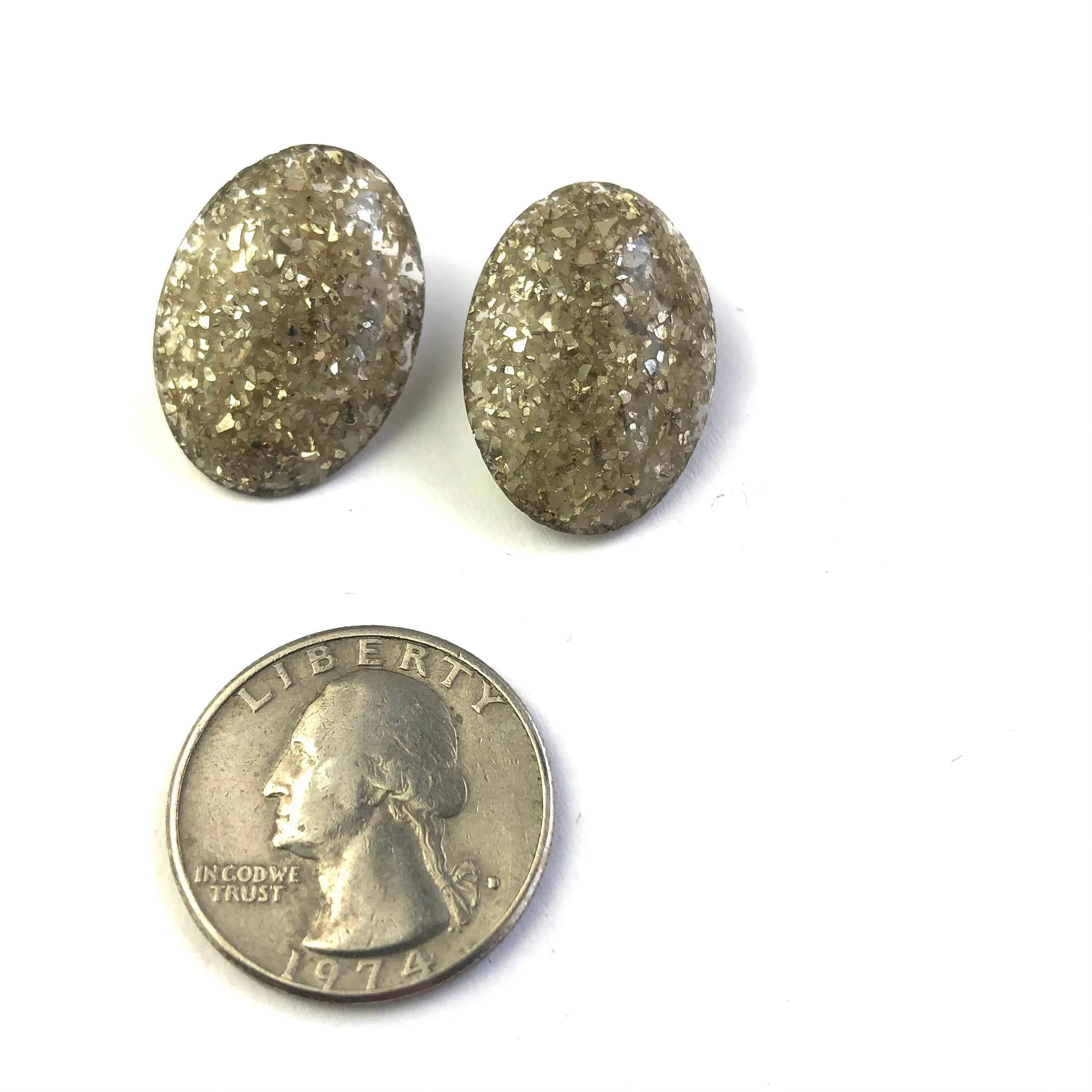 Pewter Silver Glitter Oval Button Studs