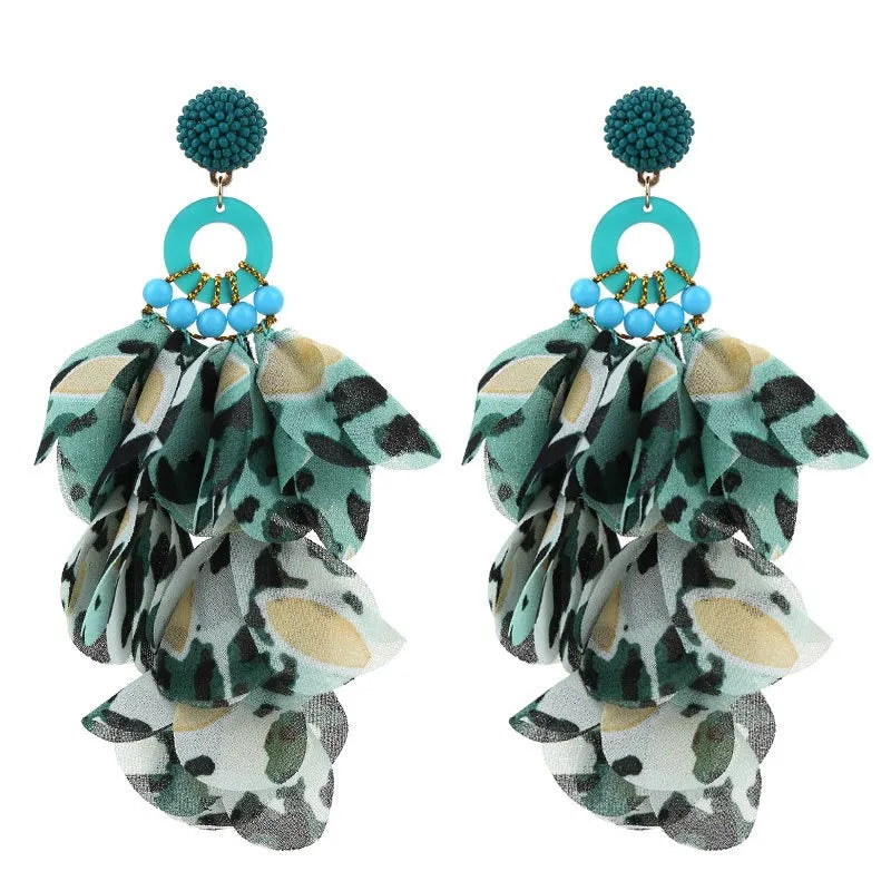 Pre Order:  Fabric Petals Dangling Beaded Earrings