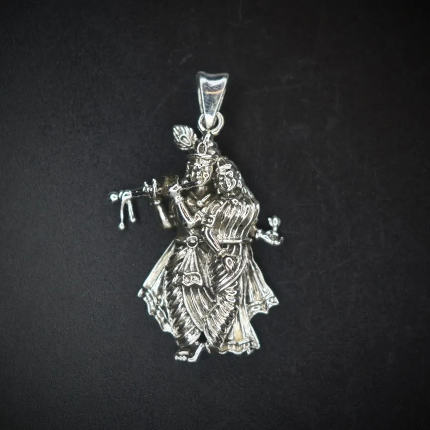 "Captivating Elegance: Antique Pure Silver Radha Krishna Pendant to Adorn Your Spiritual Style"