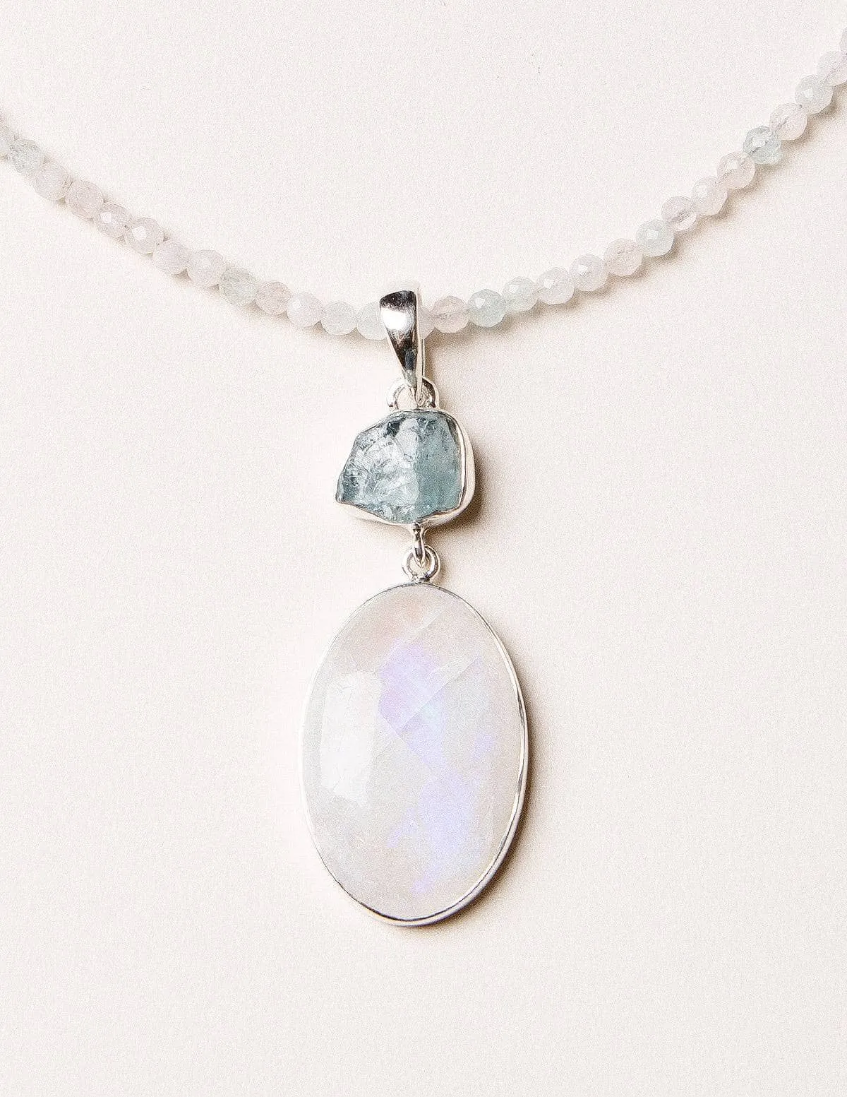 Rainbow Moonstone and Raw Aquamarine on Morganite Bead Necklace