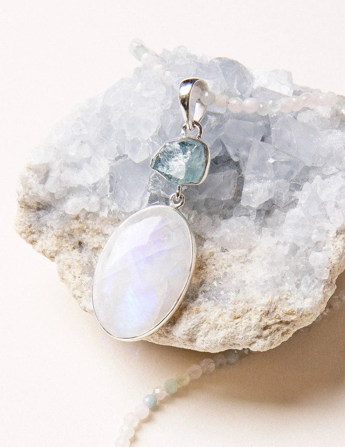 Rainbow Moonstone and Raw Aquamarine on Morganite Bead Necklace