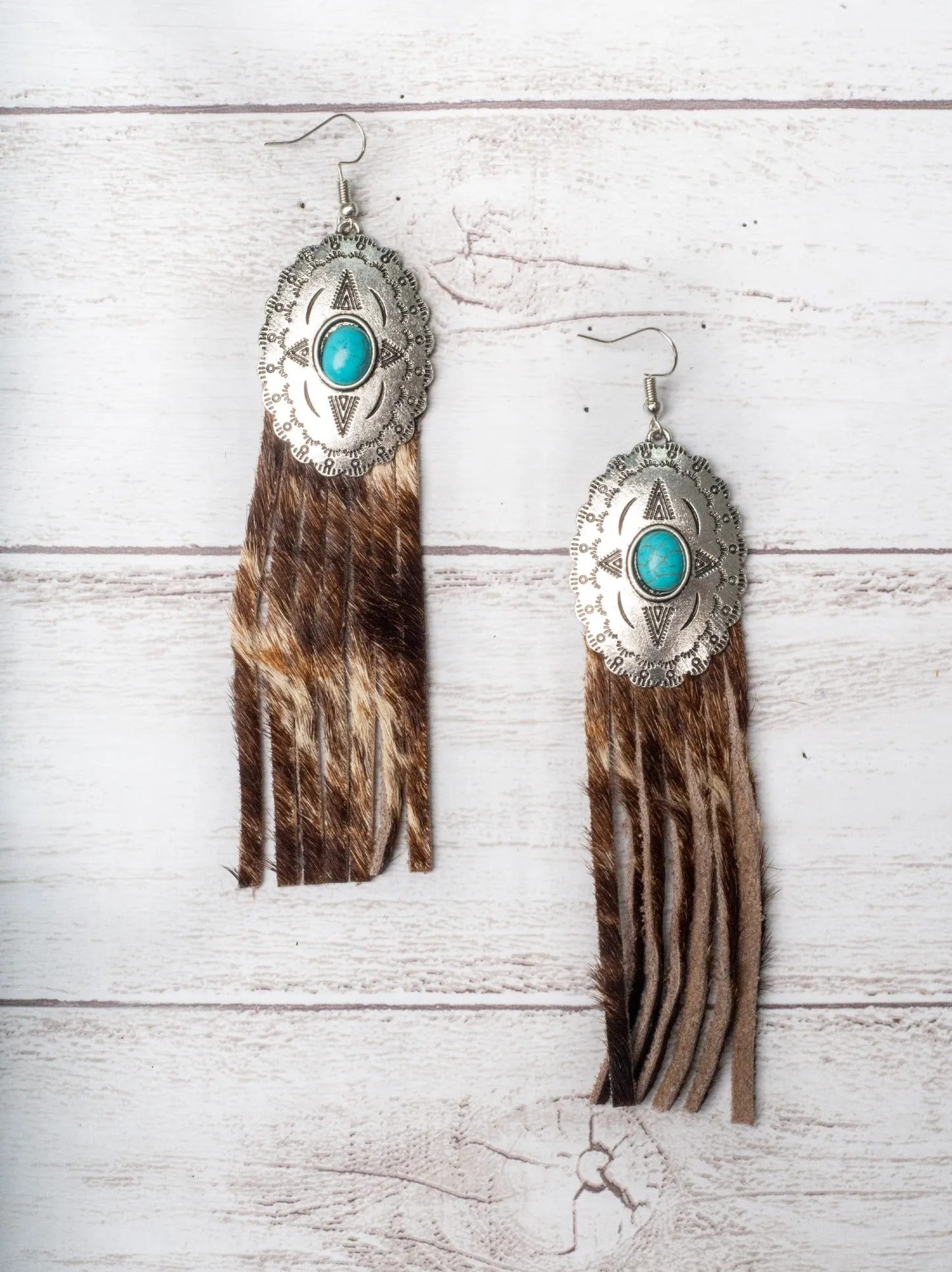 REBEL LIKE REBA TURQUOISE CONCHO WITH BROWN COWHIDE FRINGE EARRINGS