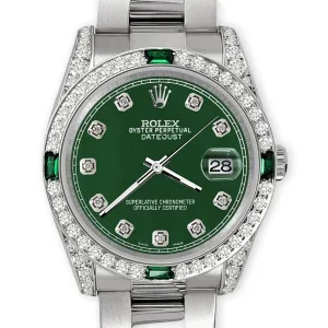 Rolex Datejust 36mm Steel Watch Diamonds &amp; Emeralds Bezel/Lugs/Forest Green MOP TFJ-142508491