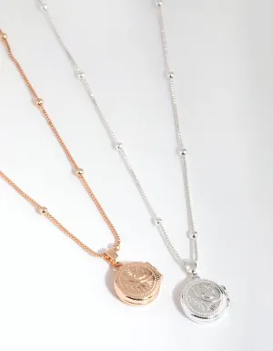 Silver & Rose Gold Plated Round Locket Necklace Set