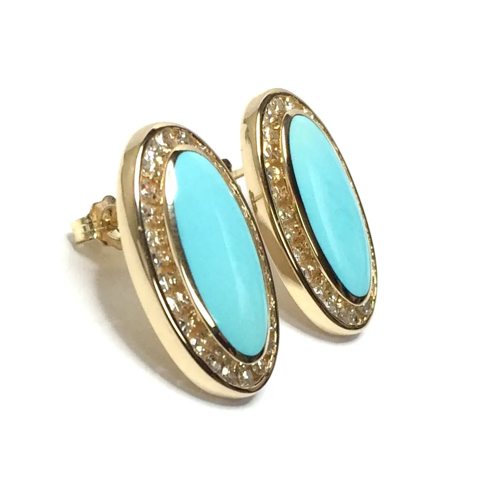 Sleeping Beauty Turquoise Oval Inlaid .73Ctw Diamond Earrings