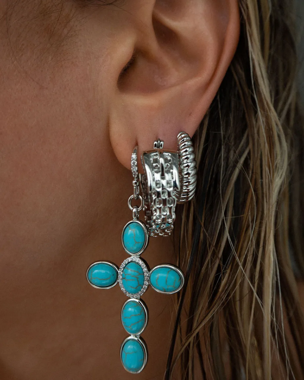 Turquoise Cross Earrings- Silver