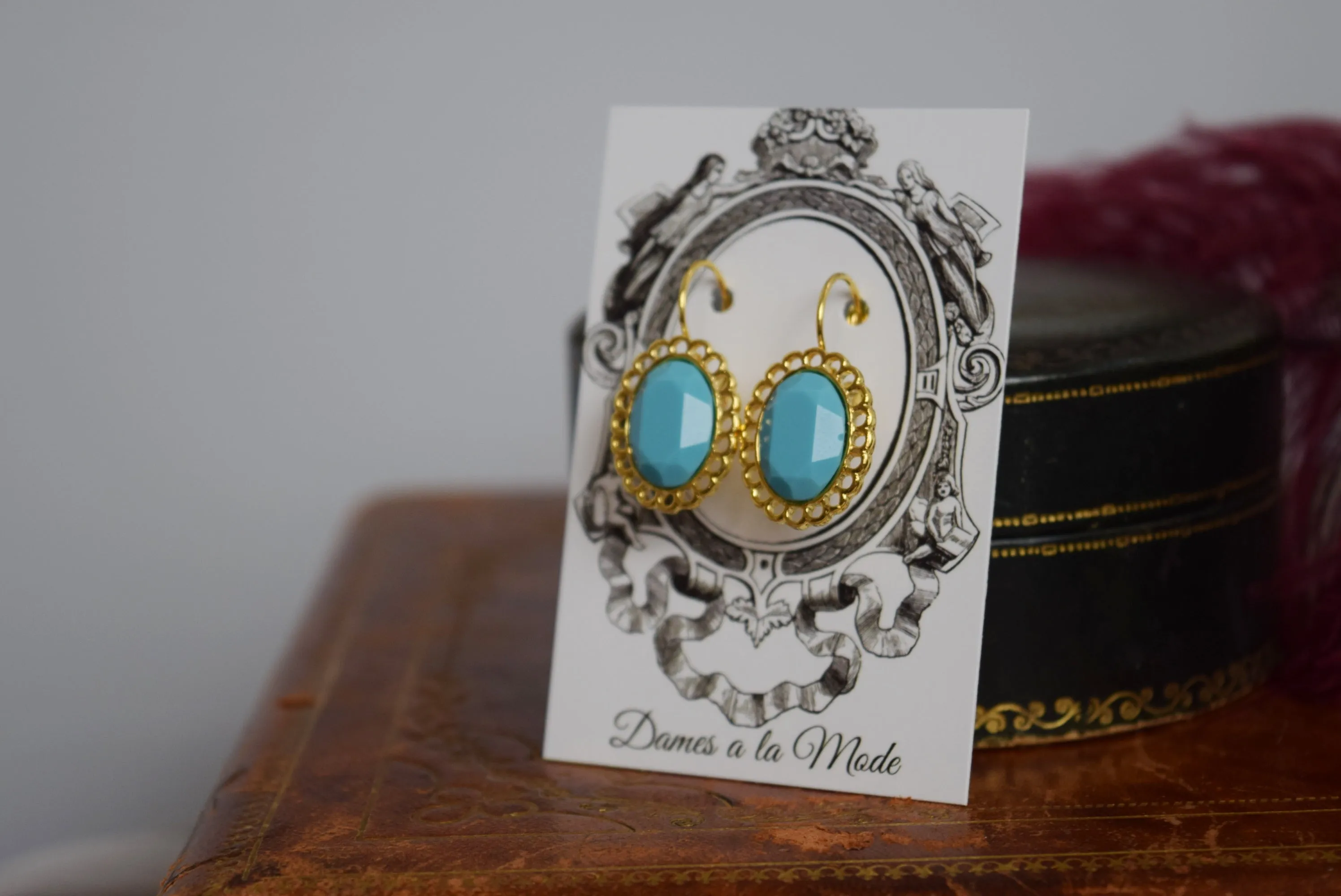 Turquoise Crystal Lace Edge Earrings - Medium Oval