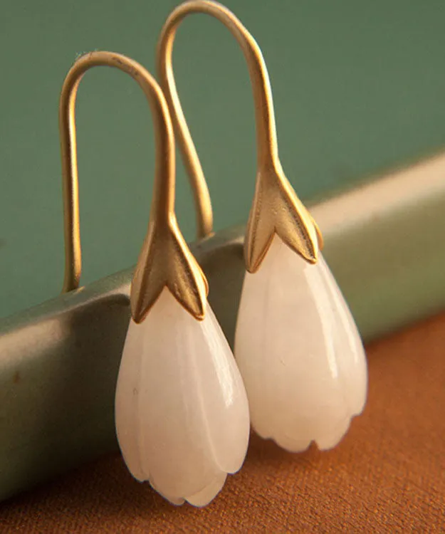 Unique Gold Sterling Silver Inlaid White Jade Drop Earrings TW1024