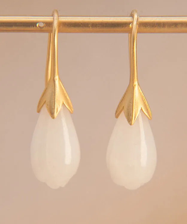 Unique Gold Sterling Silver Inlaid White Jade Drop Earrings TW1024